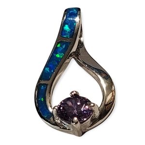 .925 Sterling Silver Twist Blue Lab Opal & Amethyst Round Cut CZ Pendant